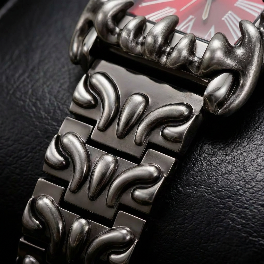 Statement unisex quartz watch, showcasing its irregular dial & Roman numerals, a must-have modern Y2K accessory.