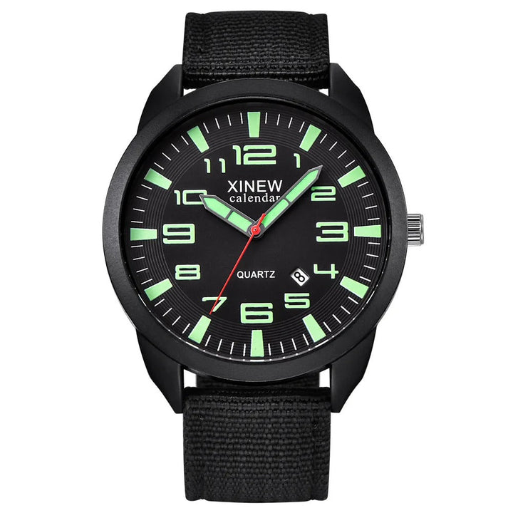 Unisex quartz watch with luminous dial, calendar display & sleek metal band. Modern elegant timepiece.