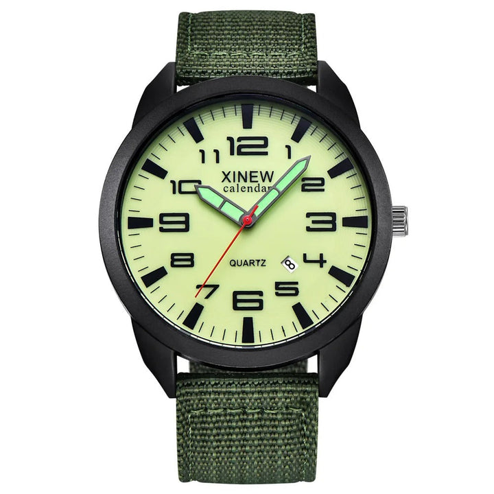 Close-up of a luminous dial unisex quartz watch with a clear calendar function & metal bracelet.
