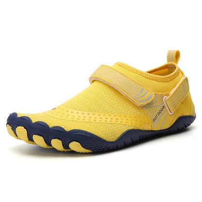 Collection of various colored quick-dry aqua shoes for all water sports activities