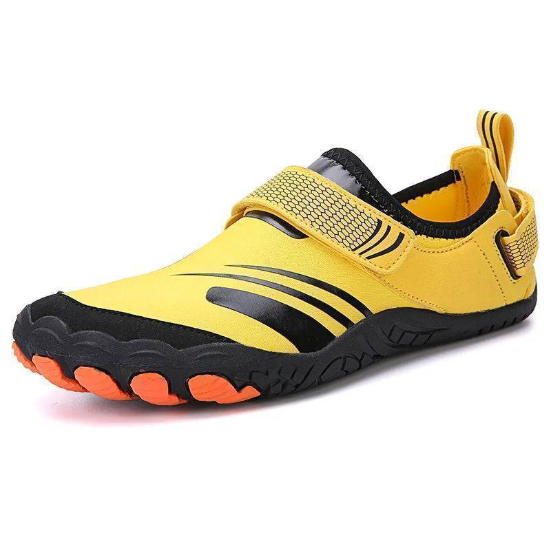 Athletic outdoor footwear: quick-dry wading sneakers on a poolside background
