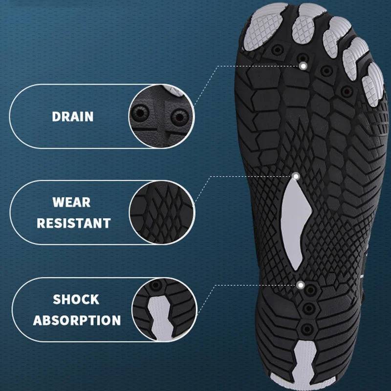 Close-up of flexible black quick-dry water shoes, ideal for swimming & outdoor