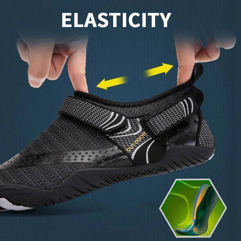 Model wearing grey barefoot water shoes, showing comfortable & quick-dry design