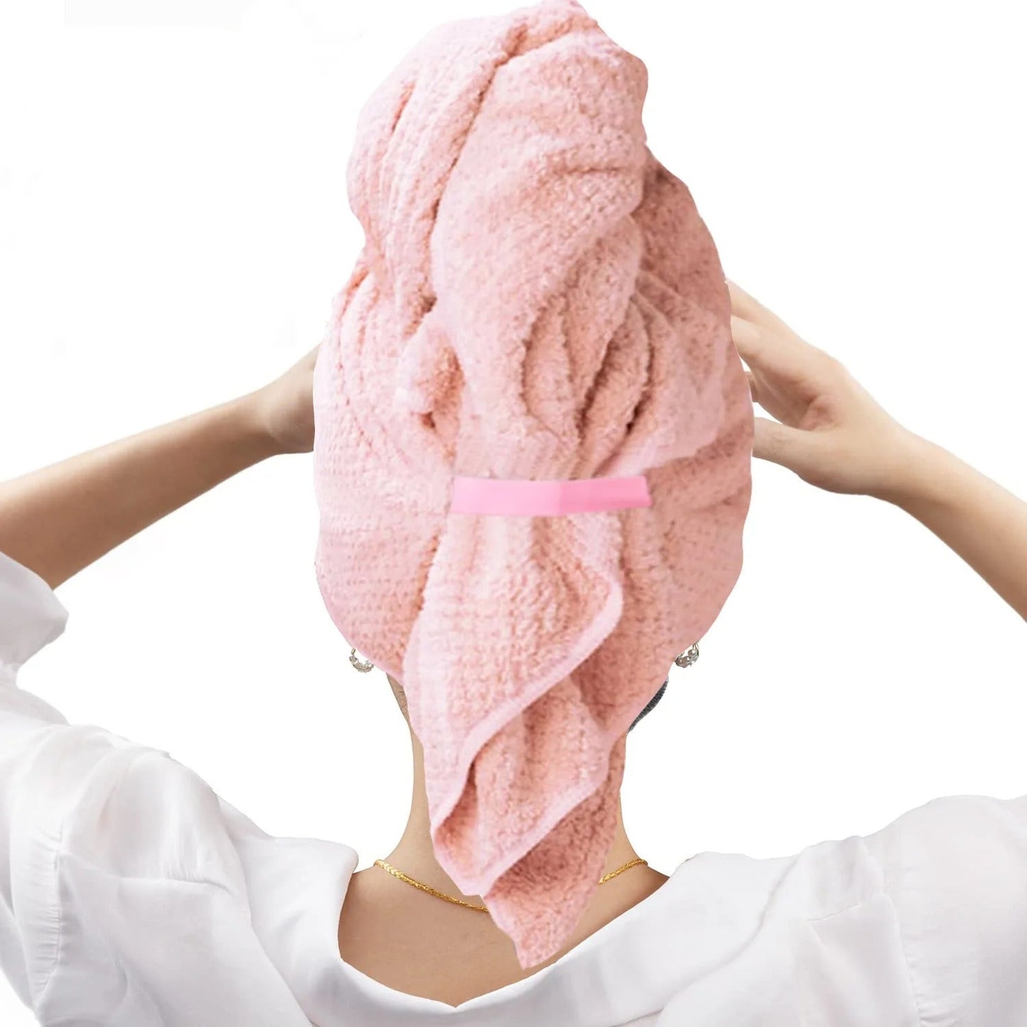 Microfiber hair drying towel, lightweight and super absorbent, ideal for achieving soft, frizz-free hair quickly.
