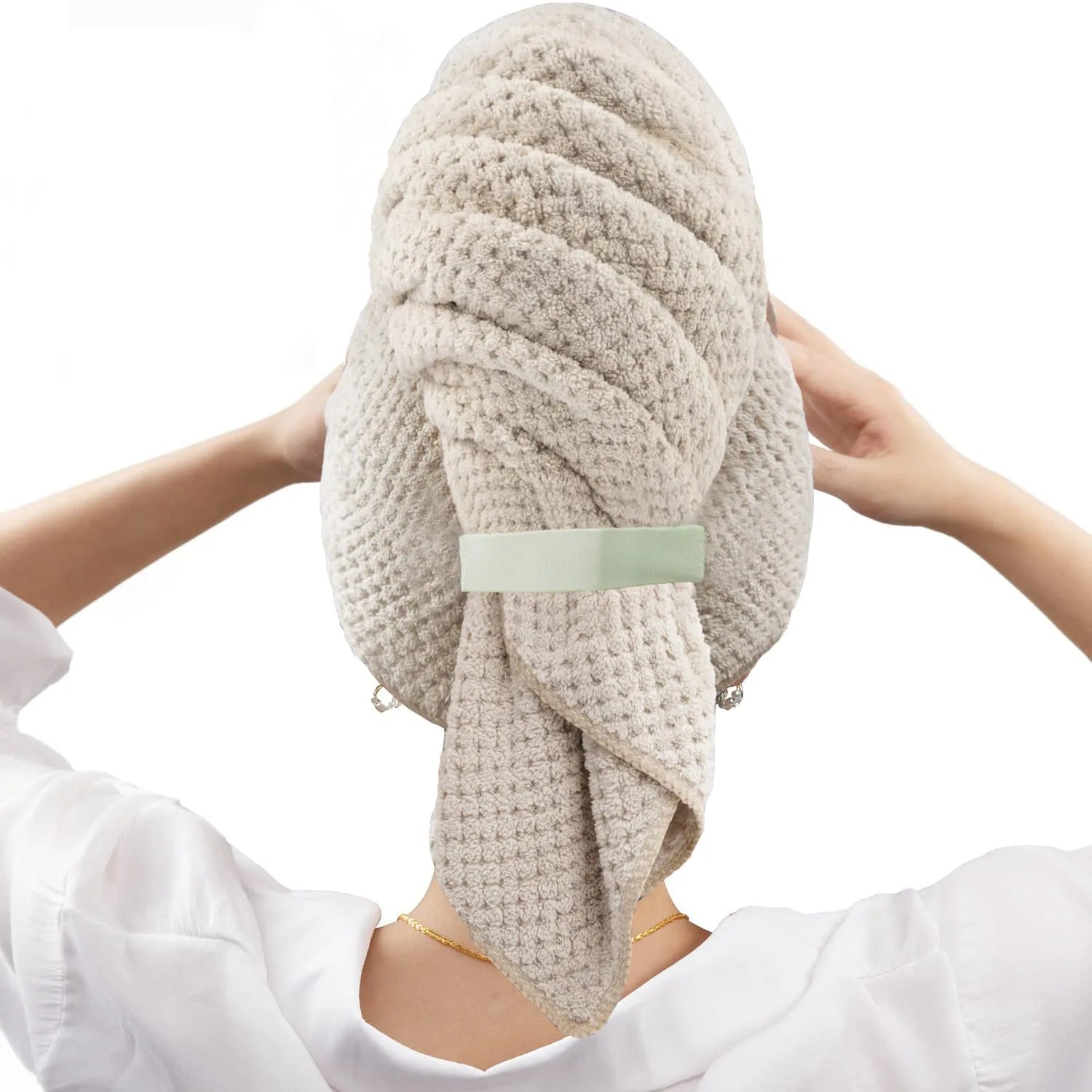Beauty hair wrap for fast drying, crafted from soft microfiber to protect hair from frizz and breakage.