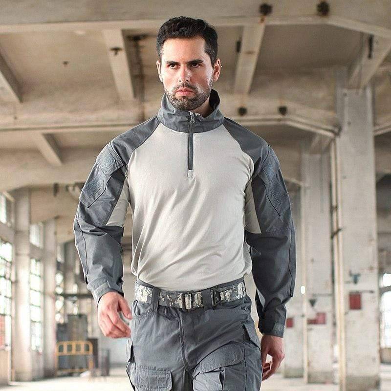 Close-up of the quarter-zip and collar on the Unisex Rapid Assault Combat Shirt, ideal for survivalists