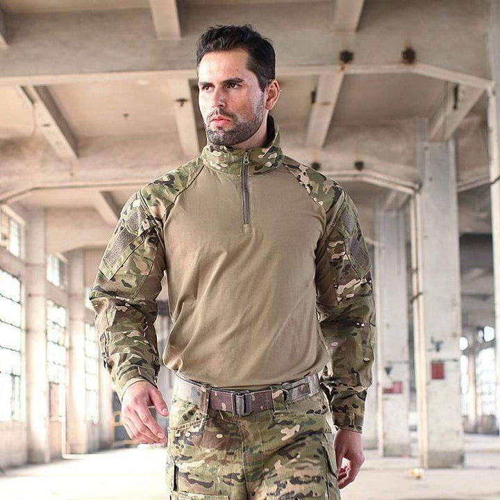 Full view of a model wearing the Unisex Rapid Assault Tactical Shirt, perfect for hiking and outdoor apparel