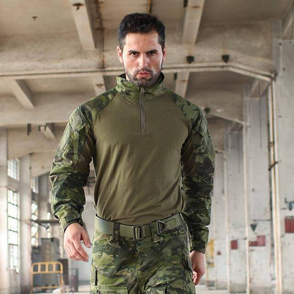 Unisex Rapid Assault 1/4 Zip Tactical Shirt paired with outdoor gear, suitable for hiking and survivalists