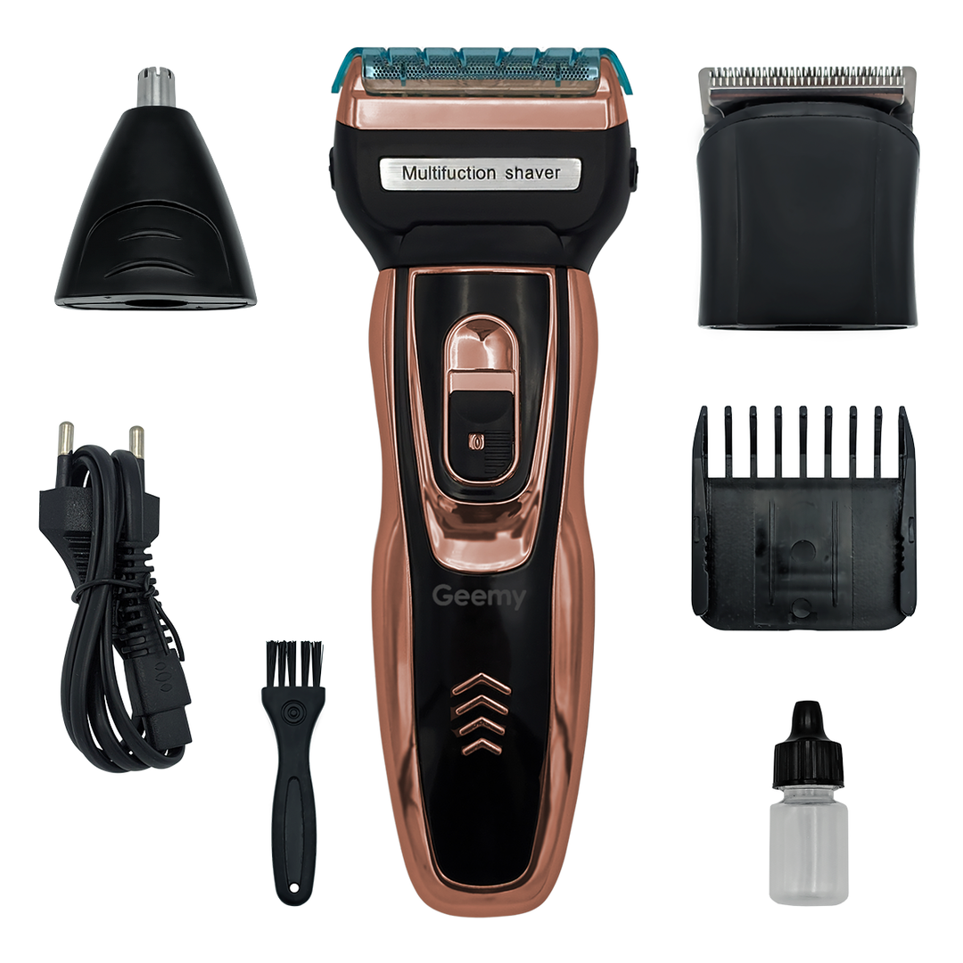 Unisex rechargeable 3-in-1 grooming kit with electric shaver, beard, and nose trimmer for personal care.