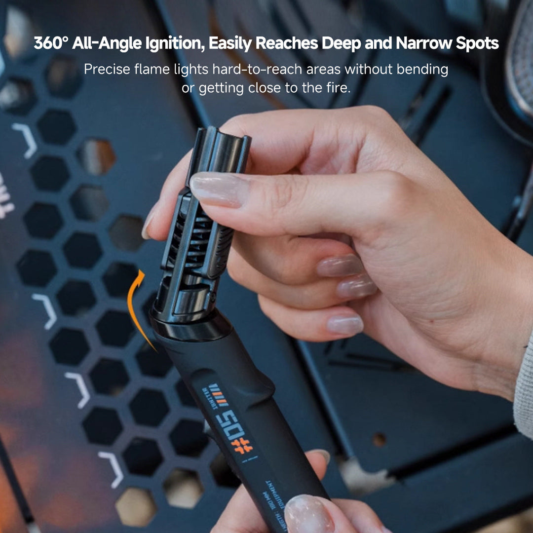 Portable rechargeable candle lighter with safety lock, perfect for lighting candles or campfires.
