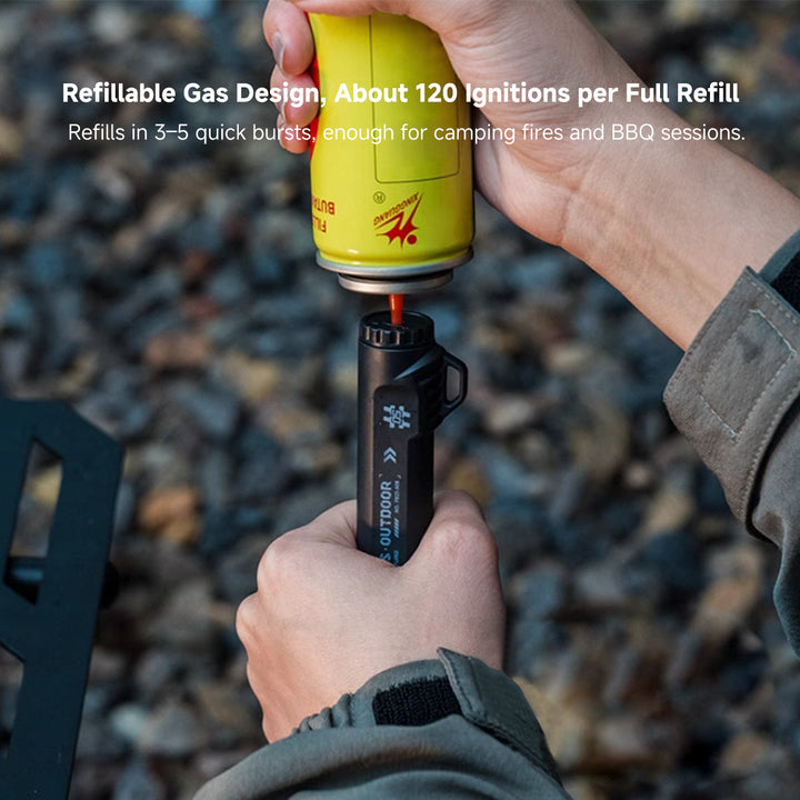 Adjustable flame rechargeable utility lighter, essential camping gear and versatile kitchen tool.
