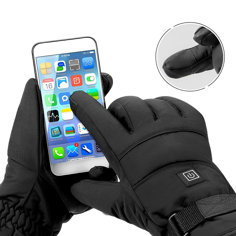 Rechargeable heated gloves for men & women, offering warmth in freezing cold conditions.