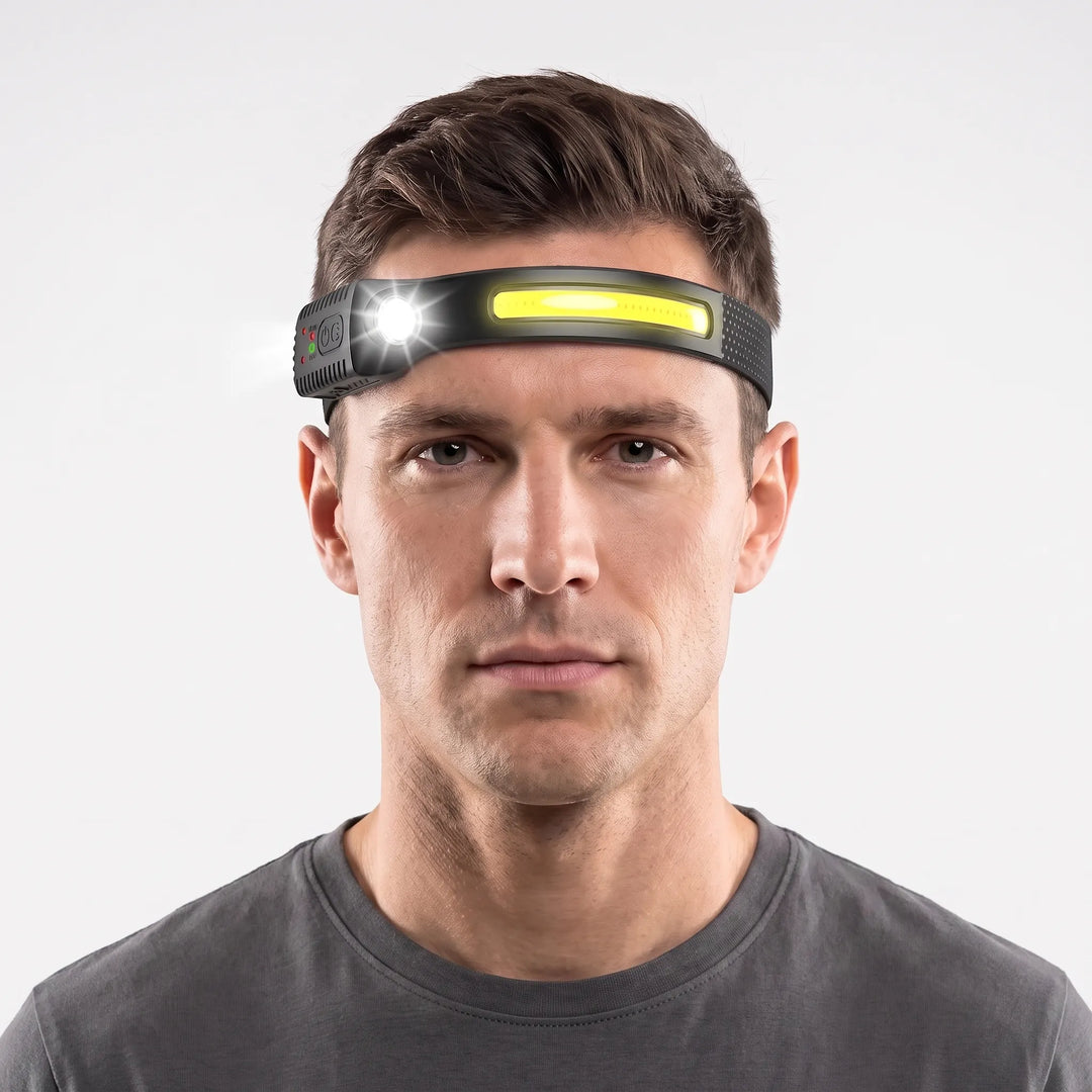 Unisex rechargeable LED headlamp for hands-free outdoor activities, camping, hiking, and work. Bright wide beam.