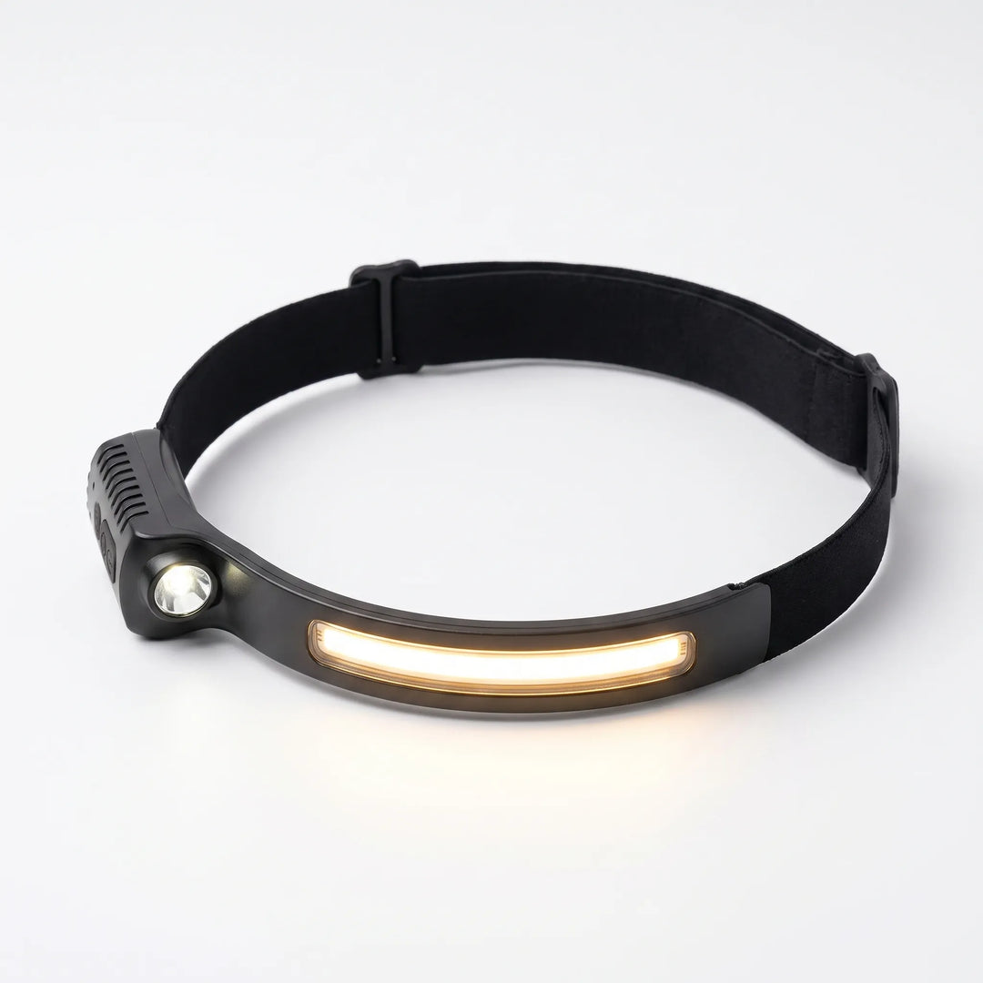 Bright LED headlamp, rechargeable, ideal for camping, hiking, and night running. Hands-free outdoor lighting.
