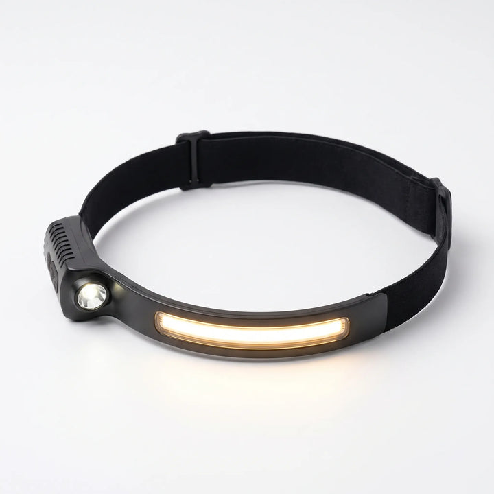 Bright LED headlamp, rechargeable, ideal for camping, hiking, and night running. Hands-free outdoor lighting.