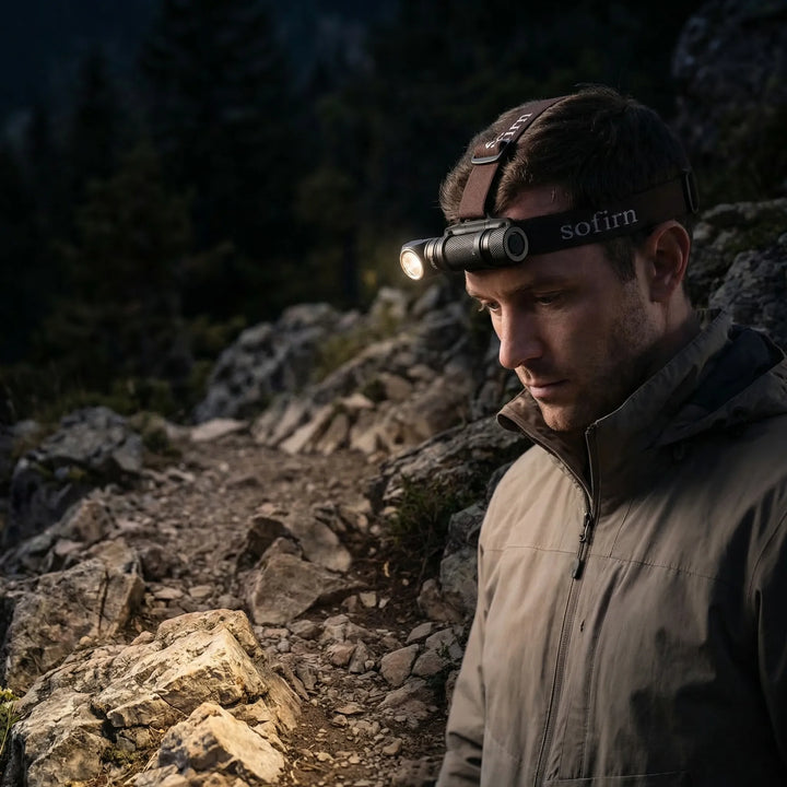 Unisex rechargeable LED headlamp with magnetic base, perfect for camping, hiking, or hands-free work.