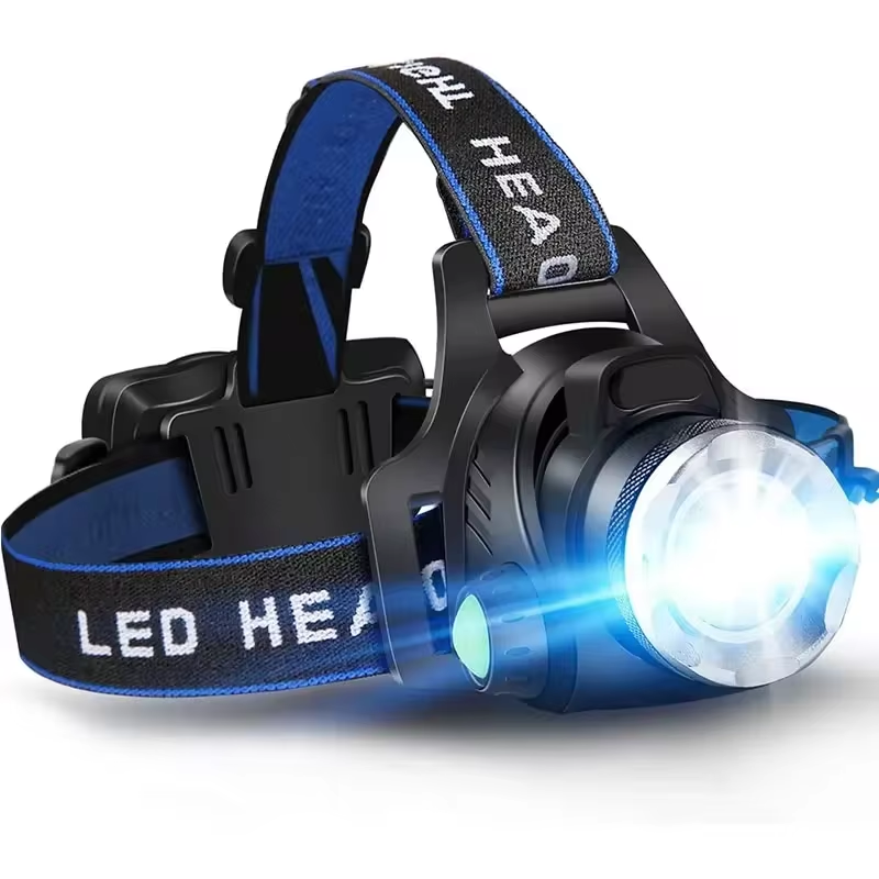 Unisex rechargeable LED headlamp with zoom for camping & hiking. Hands-free outdoor adventure light.