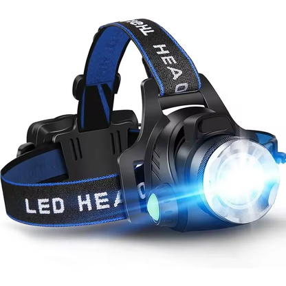 Unisex rechargeable LED headlamp with zoom for camping & hiking. Hands-free outdoor adventure light.