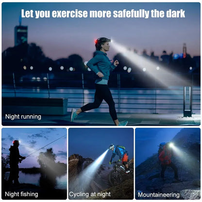 Waterproof zoom LED headlamp, rechargeable, essential outdoor gear for hiking, camping & exploring.