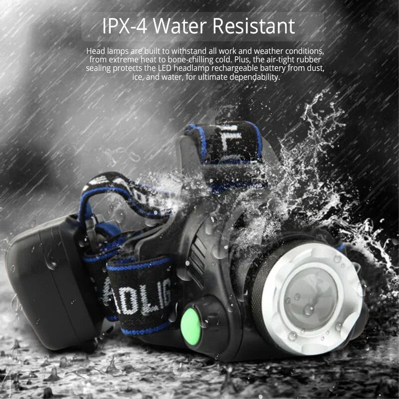Bright rechargeable LED headlamp with zoom for camping, fishing, and hands-free outdoor use.