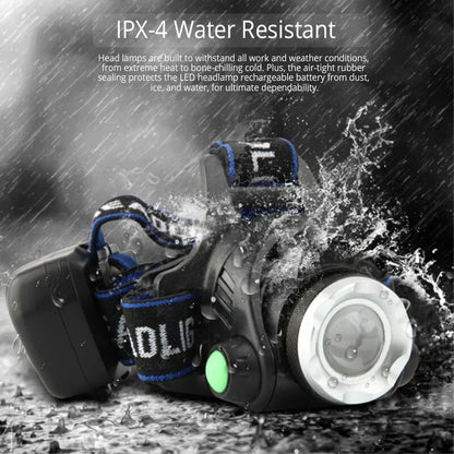 Bright rechargeable LED headlamp with zoom for camping, fishing, and hands-free outdoor use.