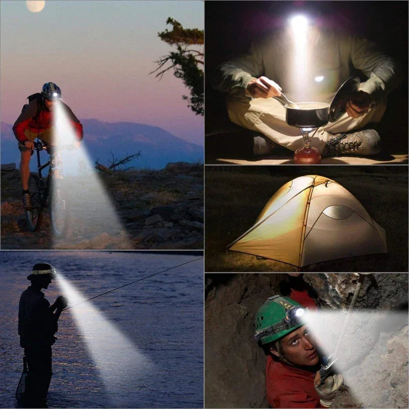 Waterproof LED headlamp, rechargeable, perfect for night hiking & outdoor adventures with bright zoom.