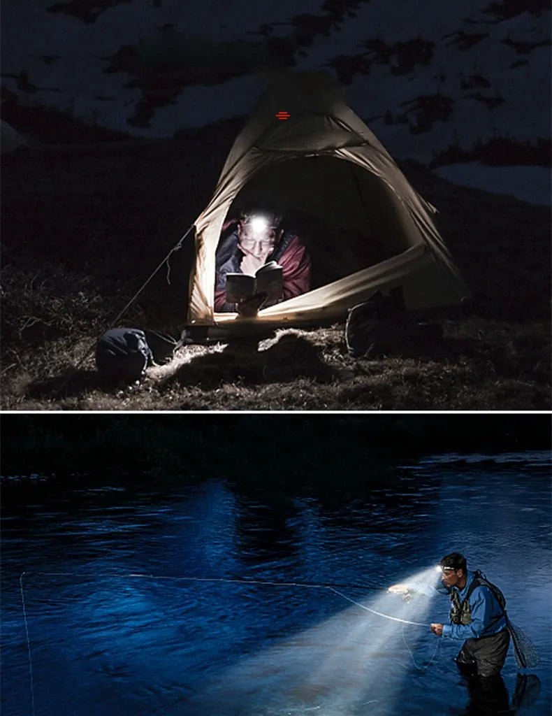 Compact LED headlamp, unisex, rechargeable for camping, fishing & emergencies. Bright, adjustable beam.