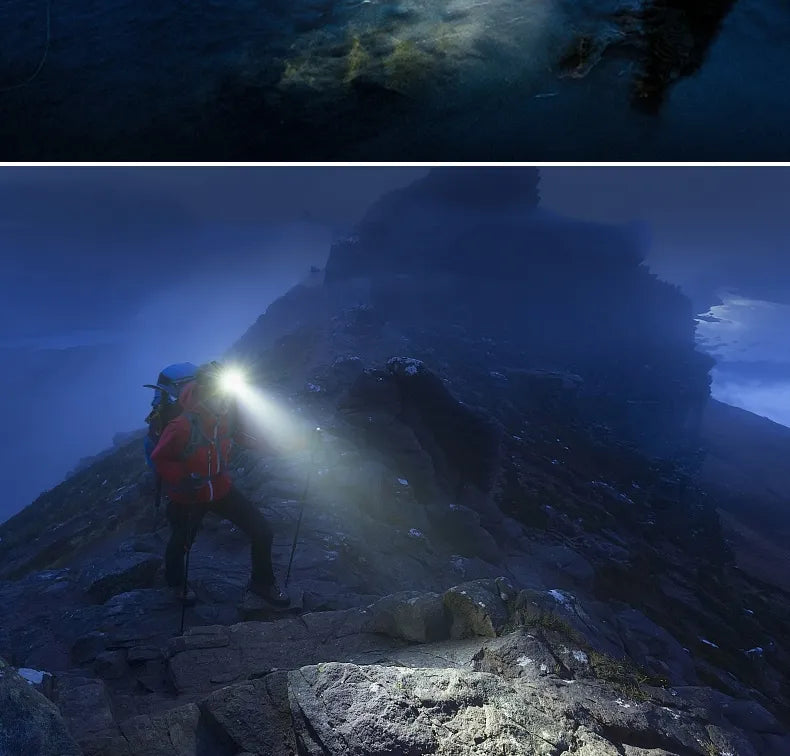 Durable outdoor gear: waterproof rechargeable LED headlamp with zoom for extreme adventures & tasks.