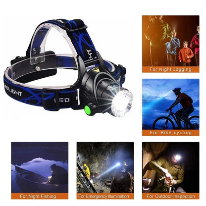 Hands-free flashlight: unisex rechargeable LED headlamp for hiking, running, and camping illumination.