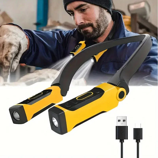 Unisex rechargeable LED neck light, perfect for hands-free reading, crafting, and task work. Adjustable brightness.