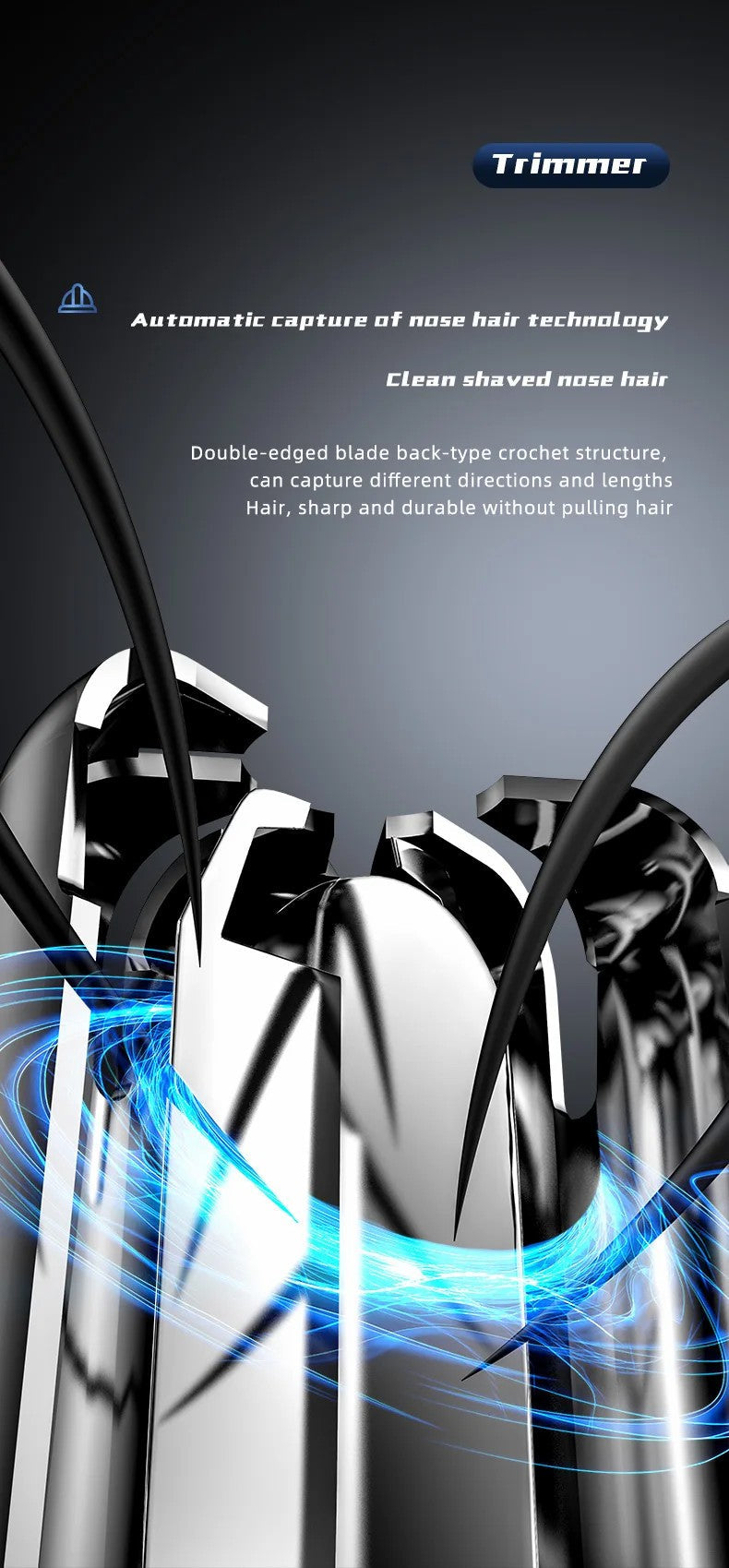 Travel-friendly rechargeable nose & ear hair trimmer, ideal for on-the-go grooming and hygiene.