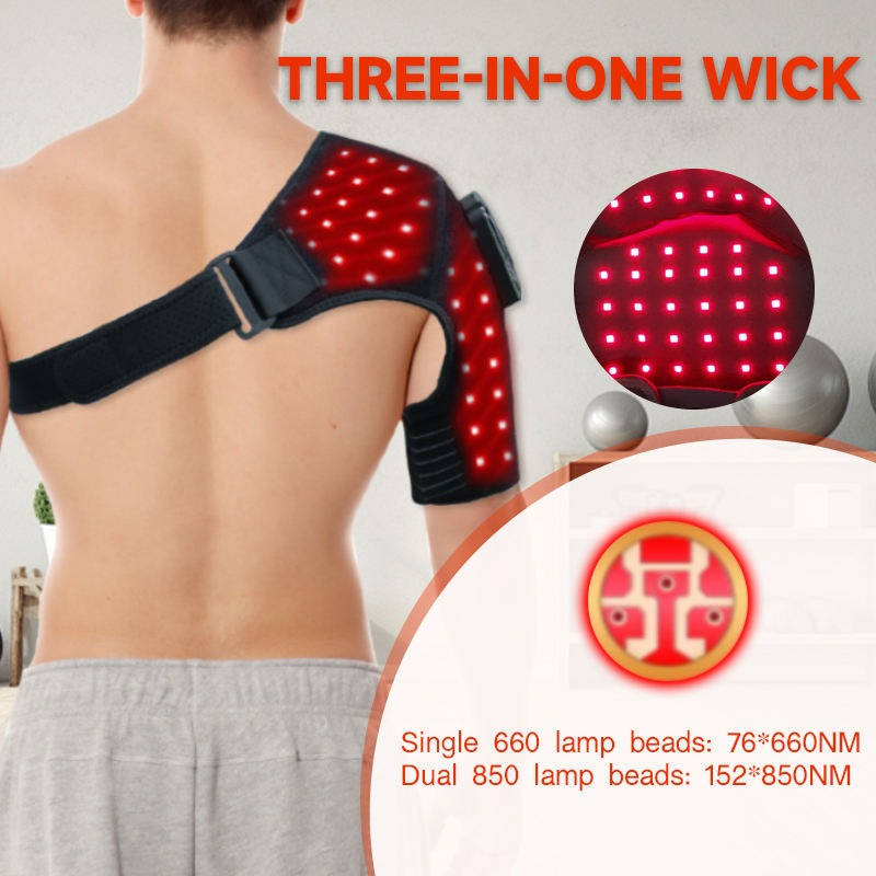 Cordless red light shoulder brace for rotator cuff recovery. Infrared therapy for joint pain and muscle soreness.