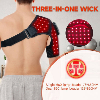 Cordless red light shoulder brace for rotator cuff recovery. Infrared therapy for joint pain and muscle soreness.