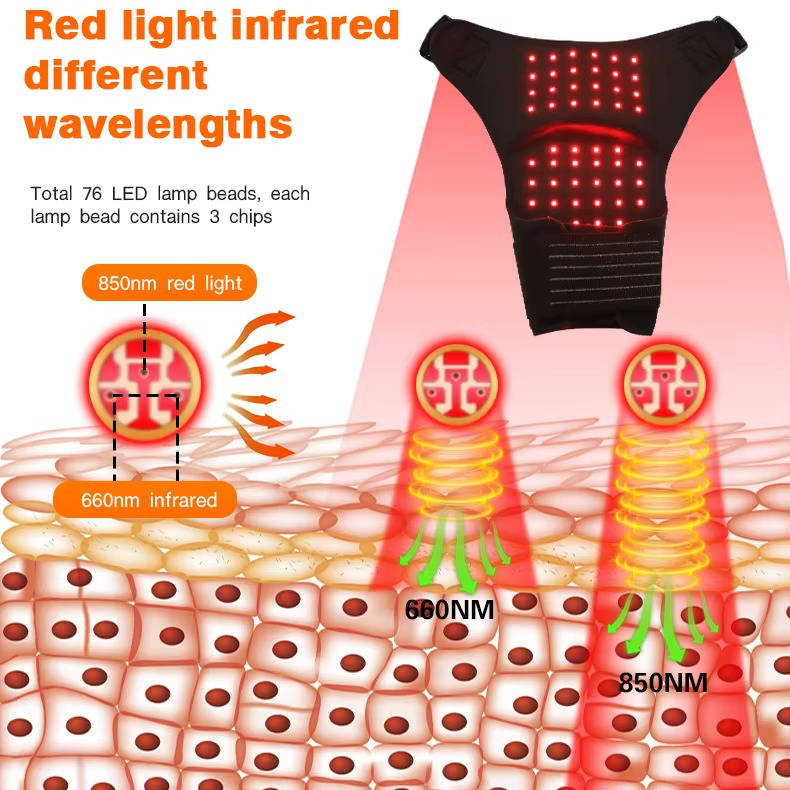 Adjustable unisex red light shoulder brace for pain relief. Aids recovery, soothes muscle soreness & joint pain.