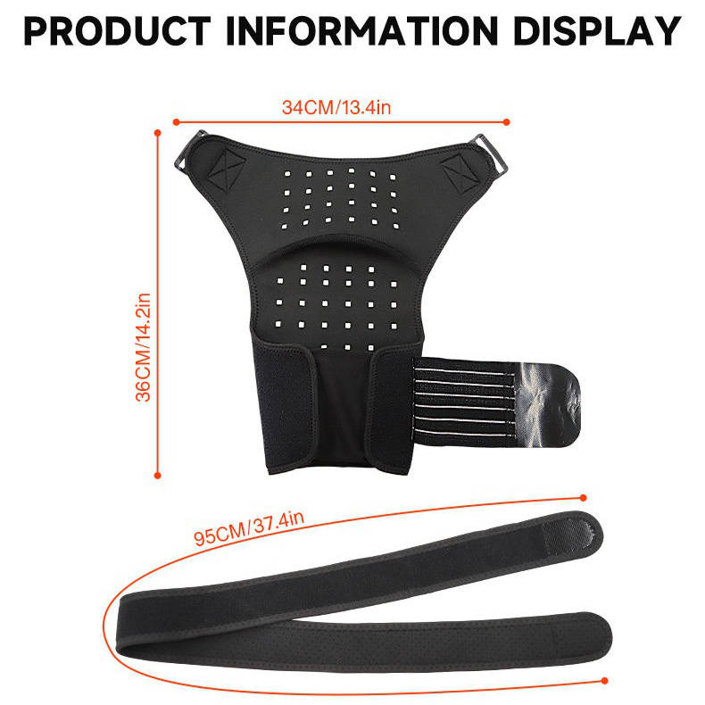 Red light therapy shoulder brace. Infrared for pain relief, muscle soreness, joint support. Cordless, adjustable, unisex.