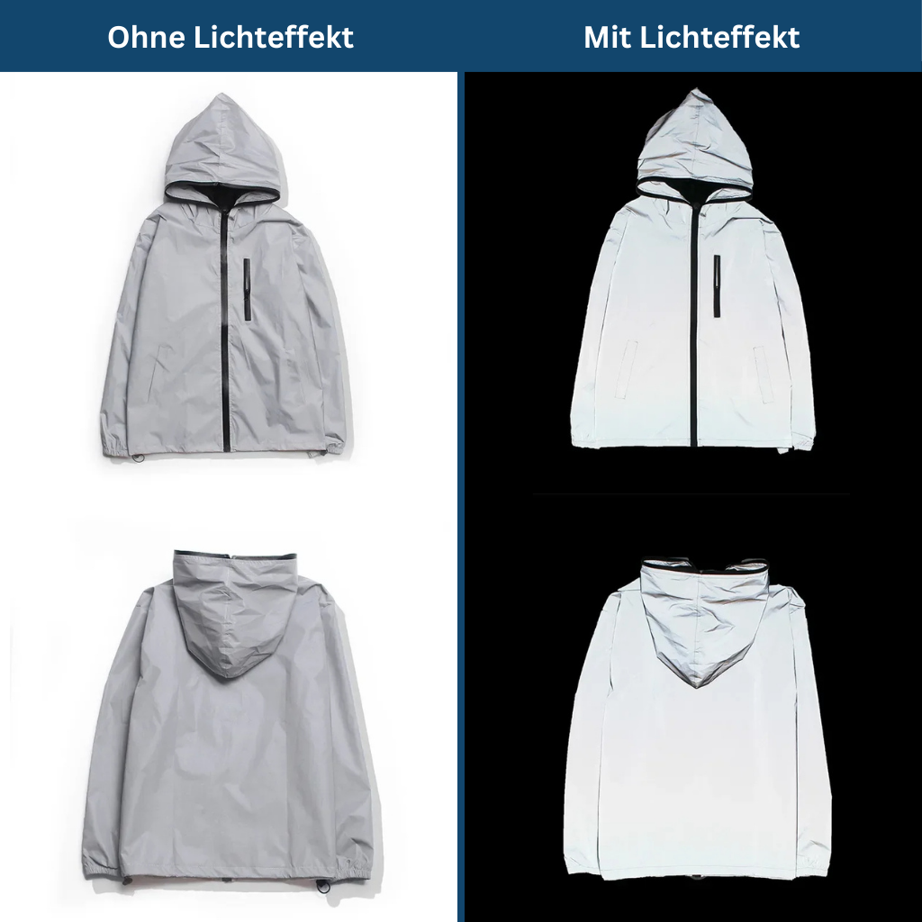 Waterproof unisex rain jacket, reflective silver, for outdoor activities & safety in rain.