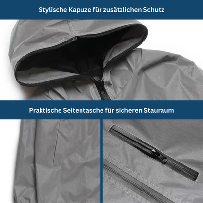 Unisex reflective rain jacket, lightweight & weatherproof, perfect for hiking and running.
