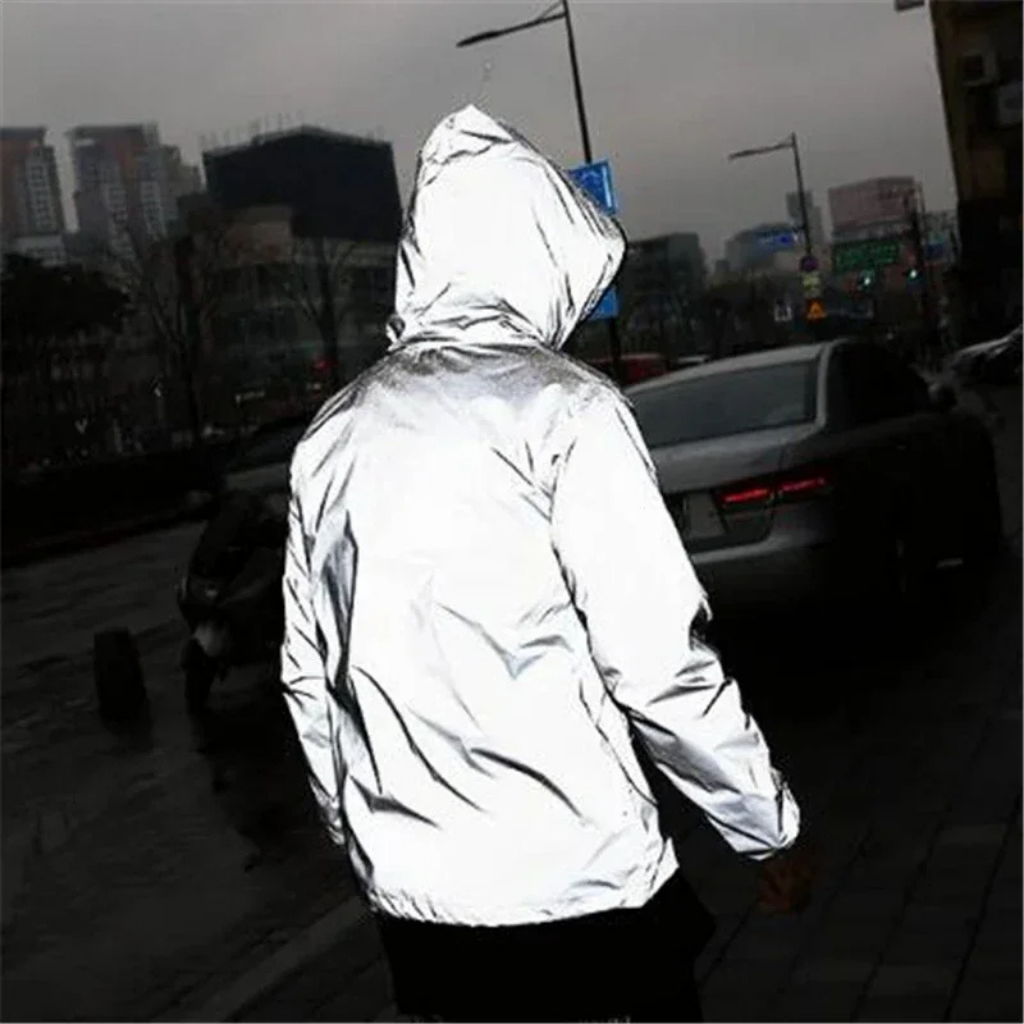 Folded reflective waterproof rain jacket, compact and easy to carry outdoor gear.