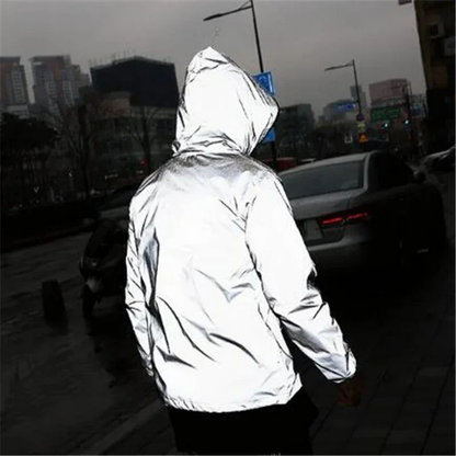 Folded reflective waterproof rain jacket, compact and easy to carry outdoor gear.