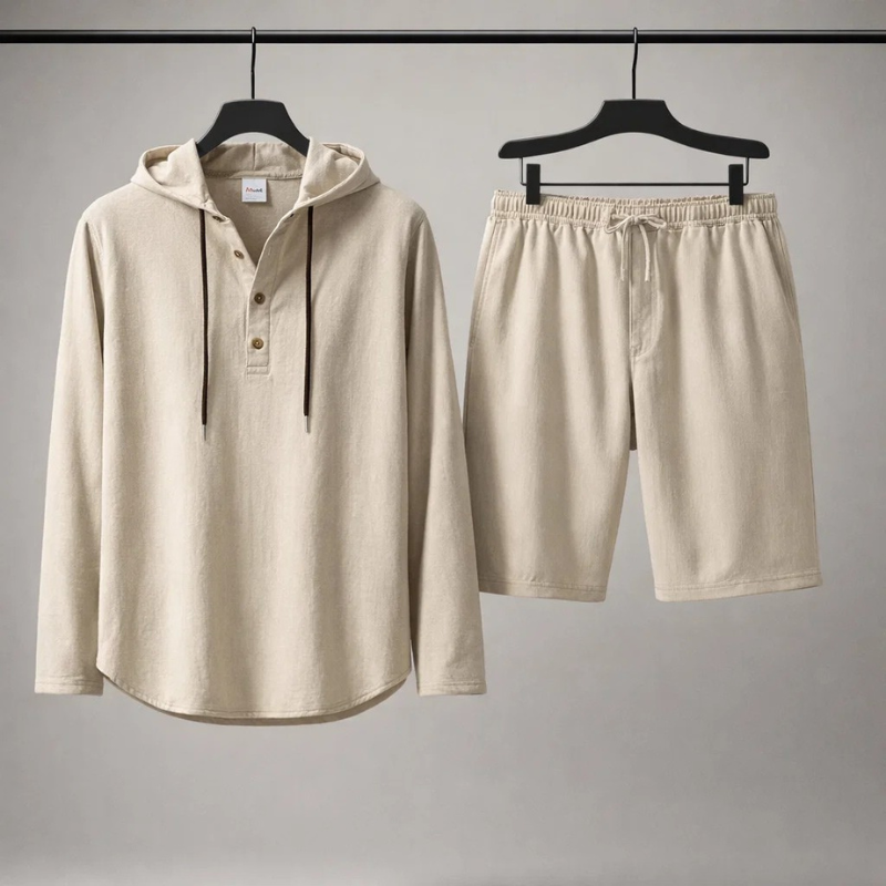 Close-up of breathable cotton linen blend fabric on a relaxed fit unisex loungewear set, perfect for summer comfort.