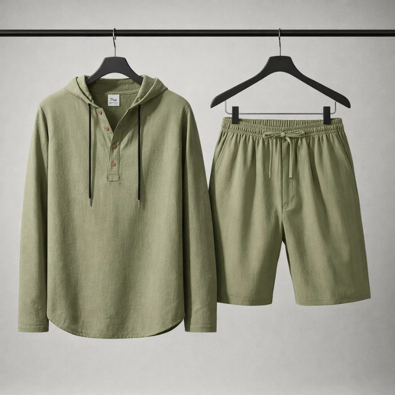 Model in a relaxed fit unisex cotton linen blend summer set, showcasing comfortable casual loungewear and style.