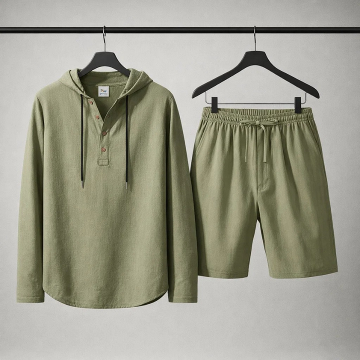 Model in a relaxed fit unisex cotton linen blend summer set, showcasing comfortable casual loungewear and style.