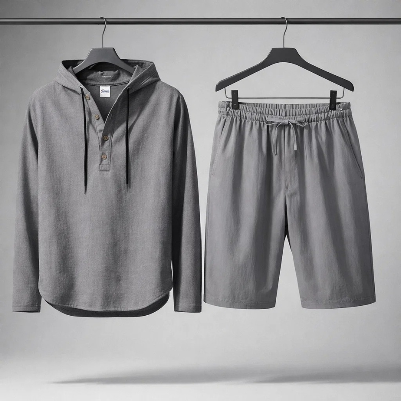 Side view of a model in a unisex cotton linen blend set, highlighting the adjustable drawstring for relaxed fit.