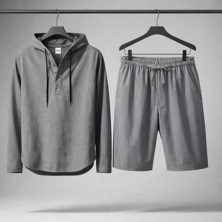 Side view of a model in a unisex cotton linen blend set, highlighting the adjustable drawstring for relaxed fit.