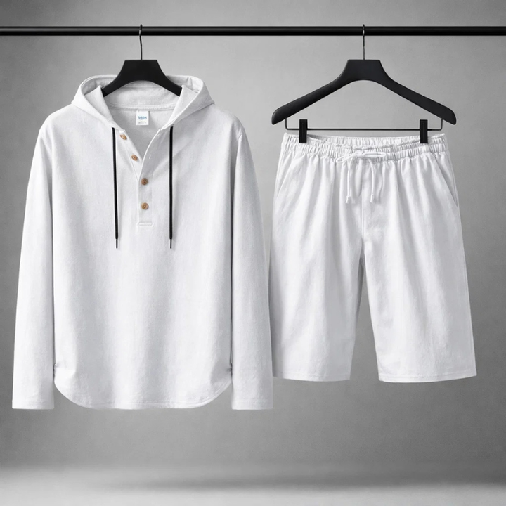Two-piece unisex cotton linen blend comfort set, offering breathable relaxed fit loungewear for warm summer days.