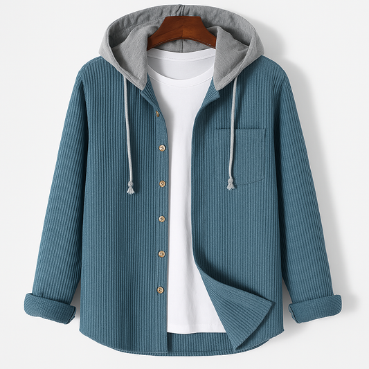 Unisex relaxed fit hooded jacket in coastal blue, perfect for effortless casual wear & layering. Button-up style.
