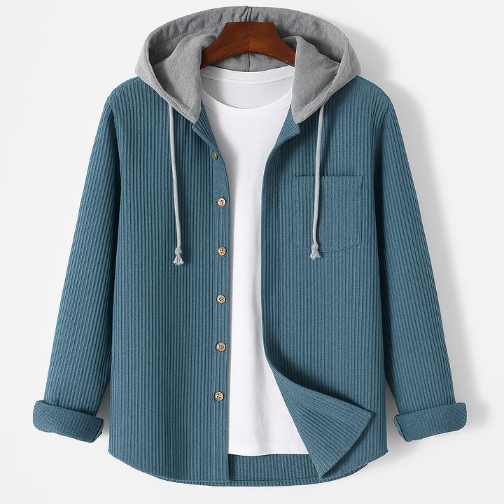 Unisex relaxed fit hooded jacket in coastal blue, perfect for effortless casual wear & layering. Button-up style.