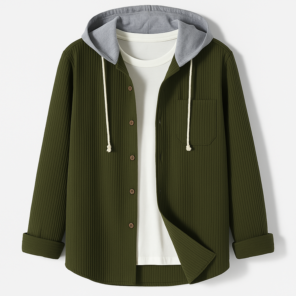 Stylish beige relaxed fit hooded jacket with button-up front, a versatile unisex piece for casual & everyday wear.