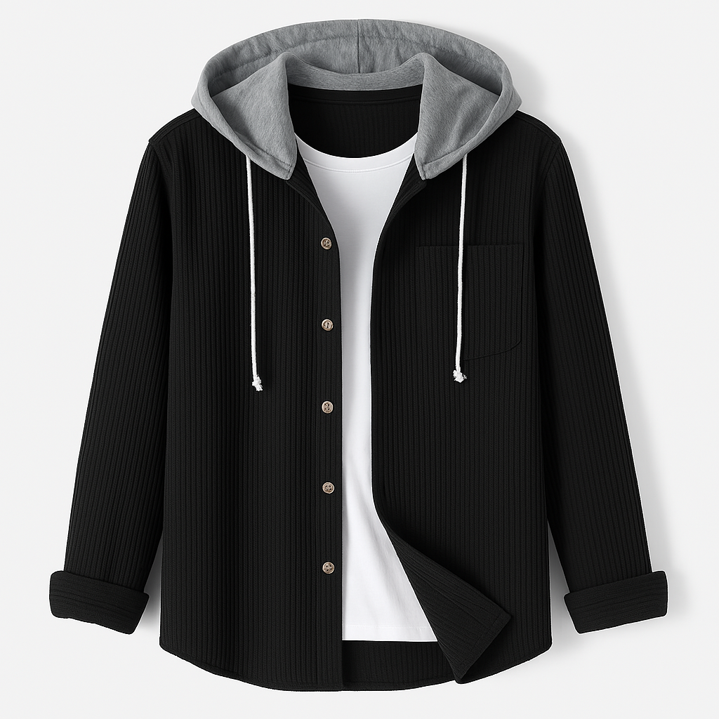 Sky blue hooded jacket, relaxed fit and button-up, offering a casual and stylish outerwear option for unisex wear.