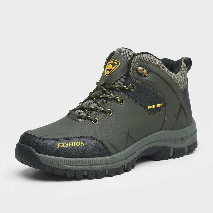 Unisex retro ankle hiking boots on a forest trail. Rugged, water-repellent outdoor footwear for adventure.